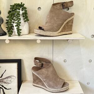 VINCE Evangeline Wedges Open Toe Booties SZ 7.5 Tan Suede Espadrille Sandals